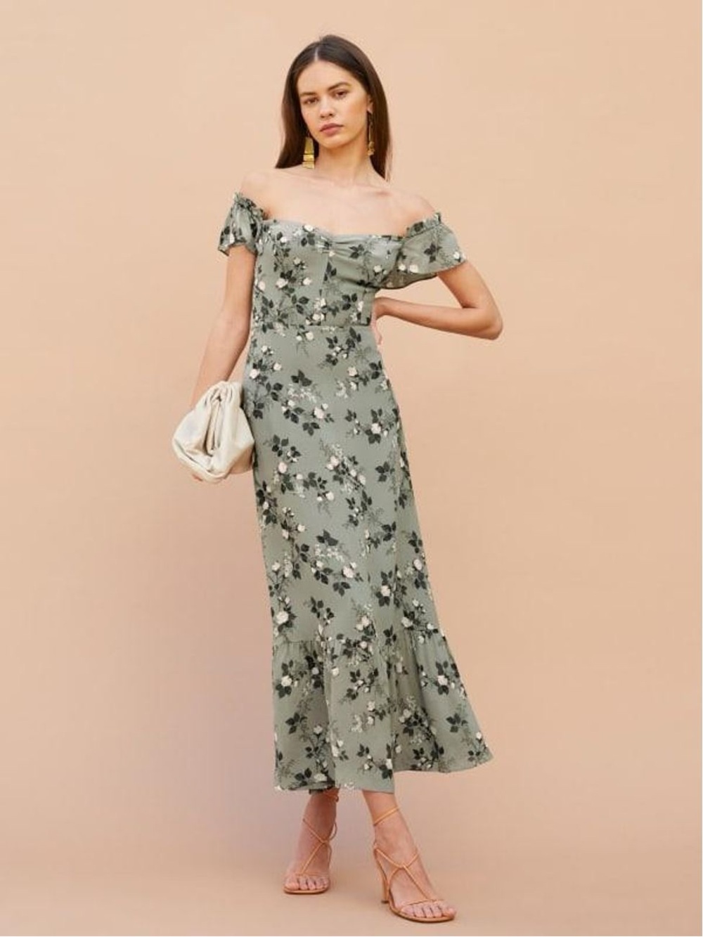 Reformation Olive Green Floral flutter Midi Dress